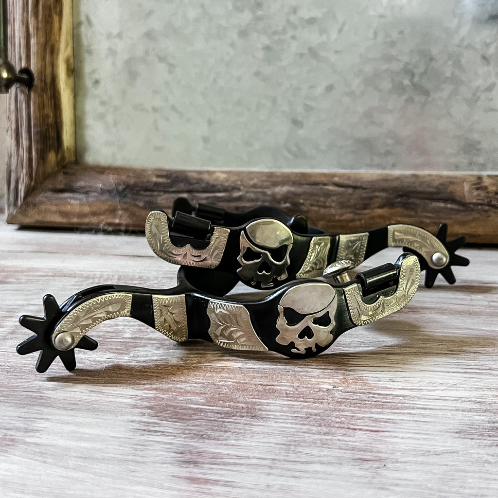 AJ Tack Men's Antique Brown Pirate Skull Spurs